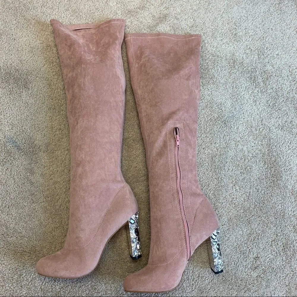 Faux Suede Over Knee Boots Rhinestone Block High Heel Stretch Thigh Boot pink 🔥 - Picture 7 of 12